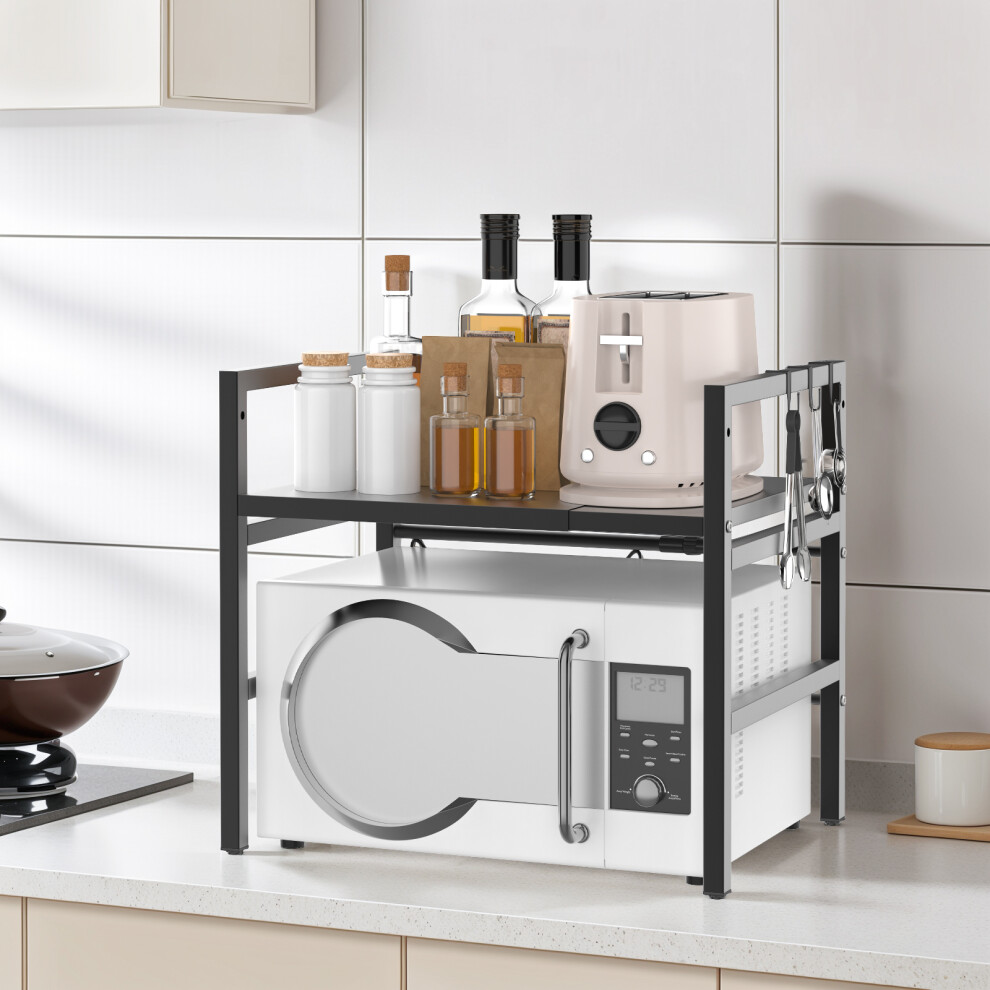 Microwave Shelf Stand Expandable Oven Rack Storage Kitchen Organizer Counter Cabinet Holder Adjustable Width Height with 6 Hooks
