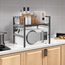 2-Tier Expandable Microwave Stand Adjustable Width (40-60cm) & Height Kitchen Shelf with 6 Hooks, Heavy Duty Carbon Steel Storage Rack