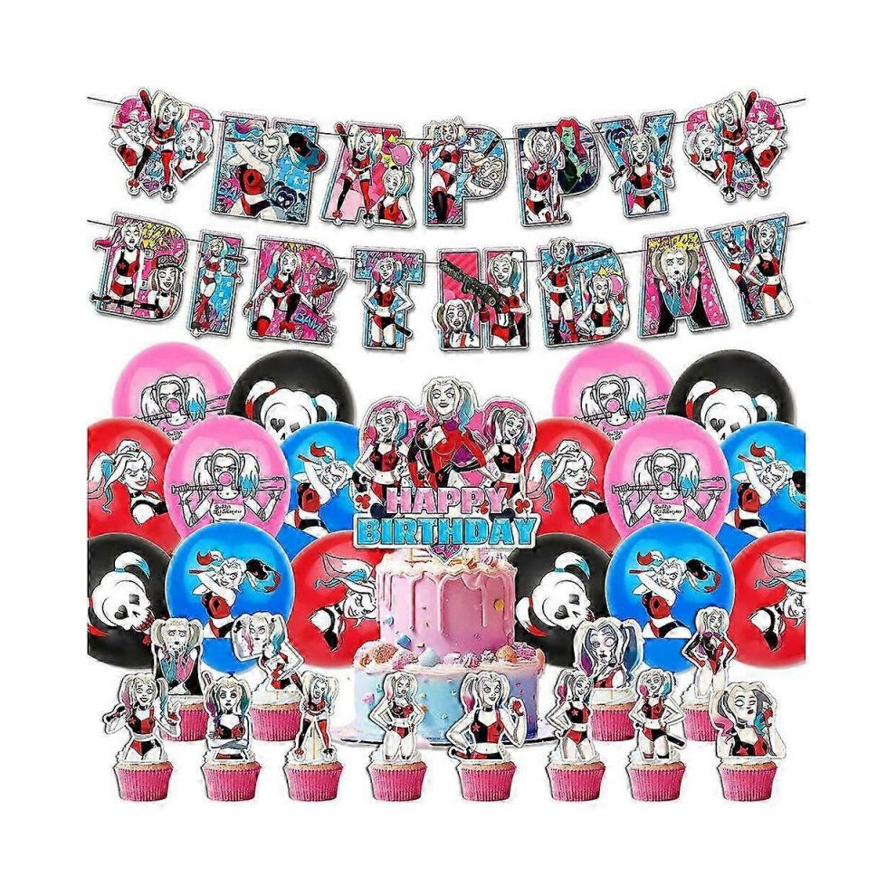 Harley Quinn Theme Birthday Party Supplies Banner Balloons Cupcake Cake Toppers Set Decoration