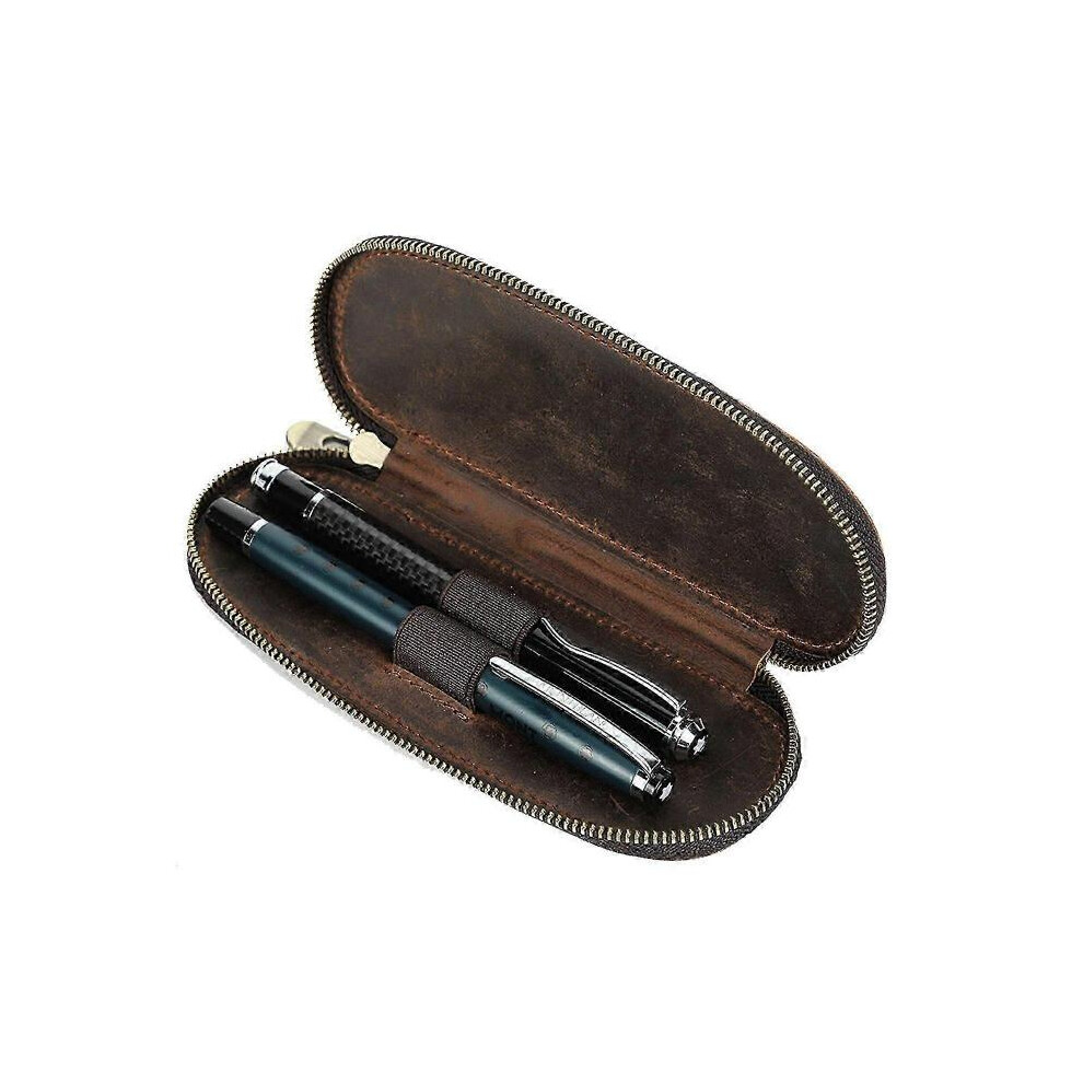 NEW Luxury Leather 2 Slots Fountain Pen Case Zipper Pencil Storage Box Pouch New