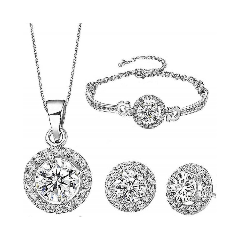 Women's Necklace Bracelet and Earring Set Zircon Pendant Jewelry (Silver)