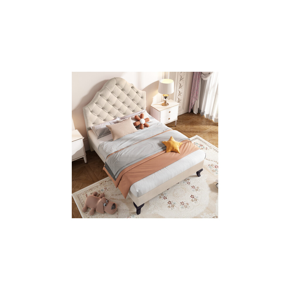 Upholstered bed with slatted frame and headboard, Velvet, Beige, 90*190