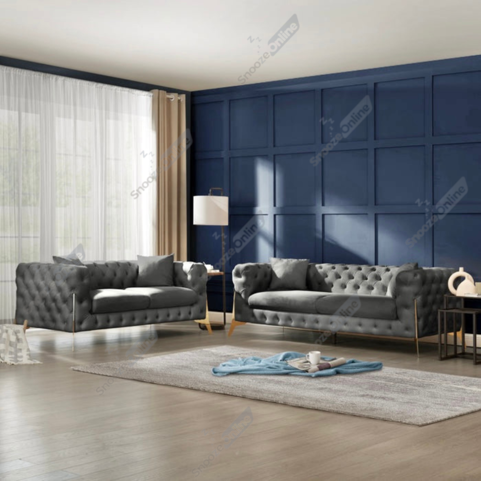 (Velvet Coffee Grey, 3+2 Seater Sofa) SnoozeOnline Chesterfield Sofa Set 3+2 Seater Set Suite Settee Lounger 1,2,3 Seater Sofas