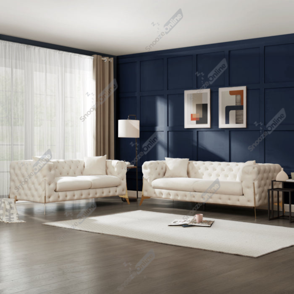 Snooze Online (Velvet 3+2 Seater Sofa) Snoozeonline Chesterfield Sofa Set 3+2 Seater Set Suite Settee Lounger 1,2,3 Seater Sofas Cream