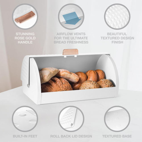 EHC Bread Bins for Kitchen, Bread Box with lid, Kitchen Storage Bin, Bread Container, White, VENTILATED Back to keep Co 2