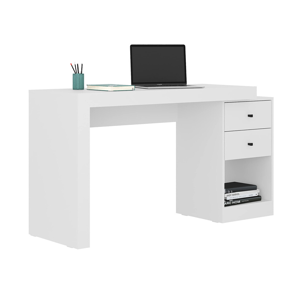 Techni Mobili Expandable Desk with Storage Drawers & Open Shelf - Expands from 47 Inch to 57 Inch - White Computer Desk with Printer Space - Modern