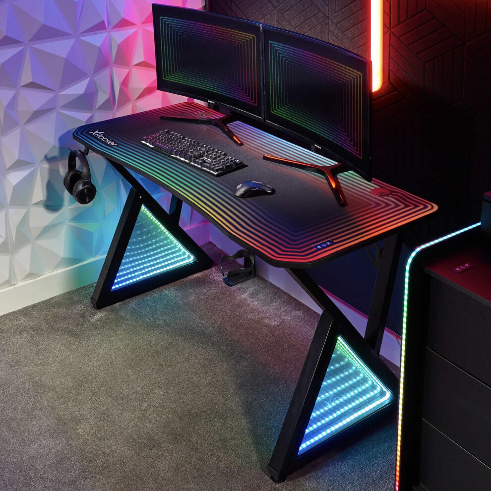 X-Rocker Infinity RGB Gaming Desk 140 x 60cm, Large Gaming Table for Laptop Home Office Desk, with Headphone Hook and Cup Holder, Includes FREE Mouse
