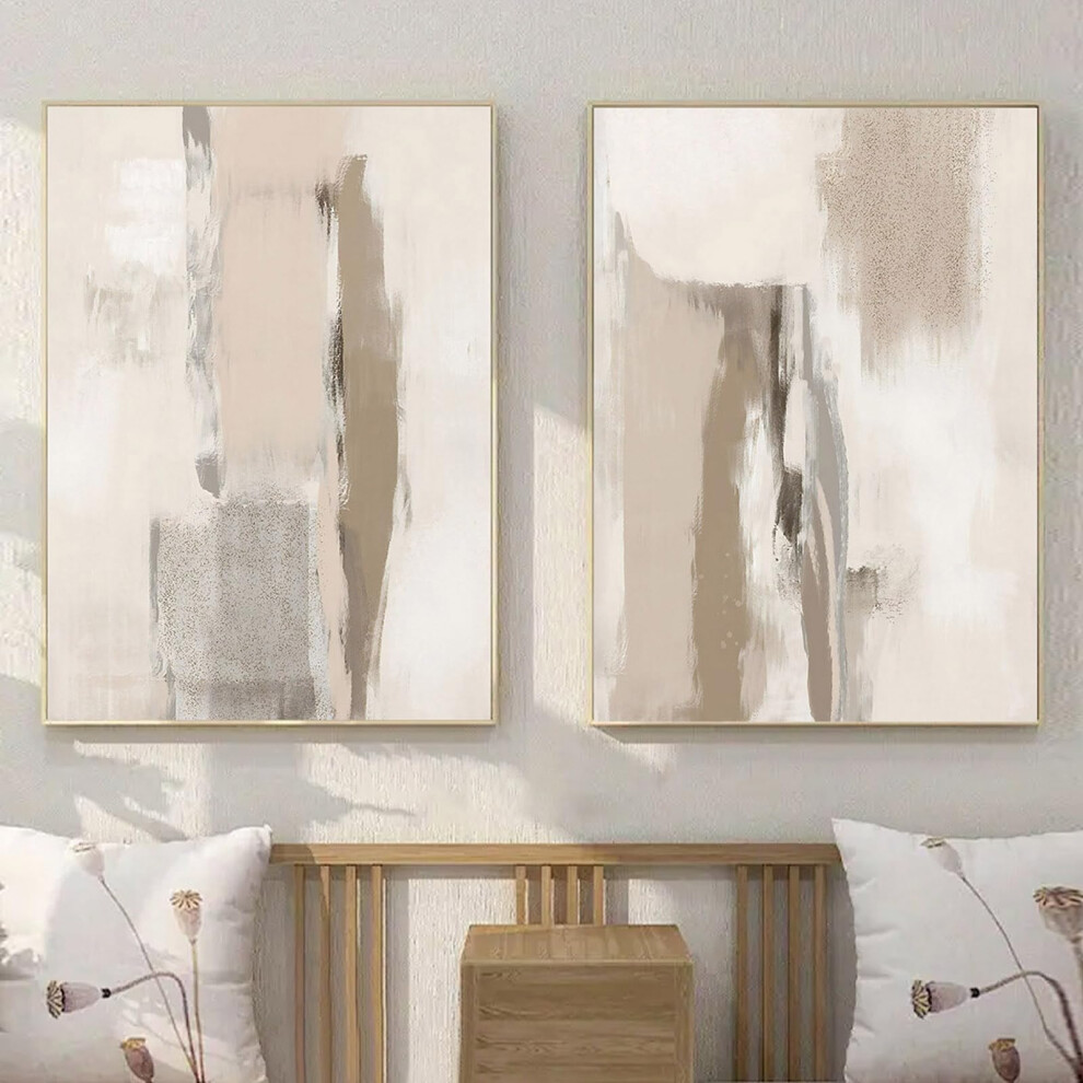 Abstract Beige Wall Art Set of 2 - Neutral Minimalist Artwork for Walls, Brown Canvas Print, Modern Abstract Picture 16x24inch x2 No Frame