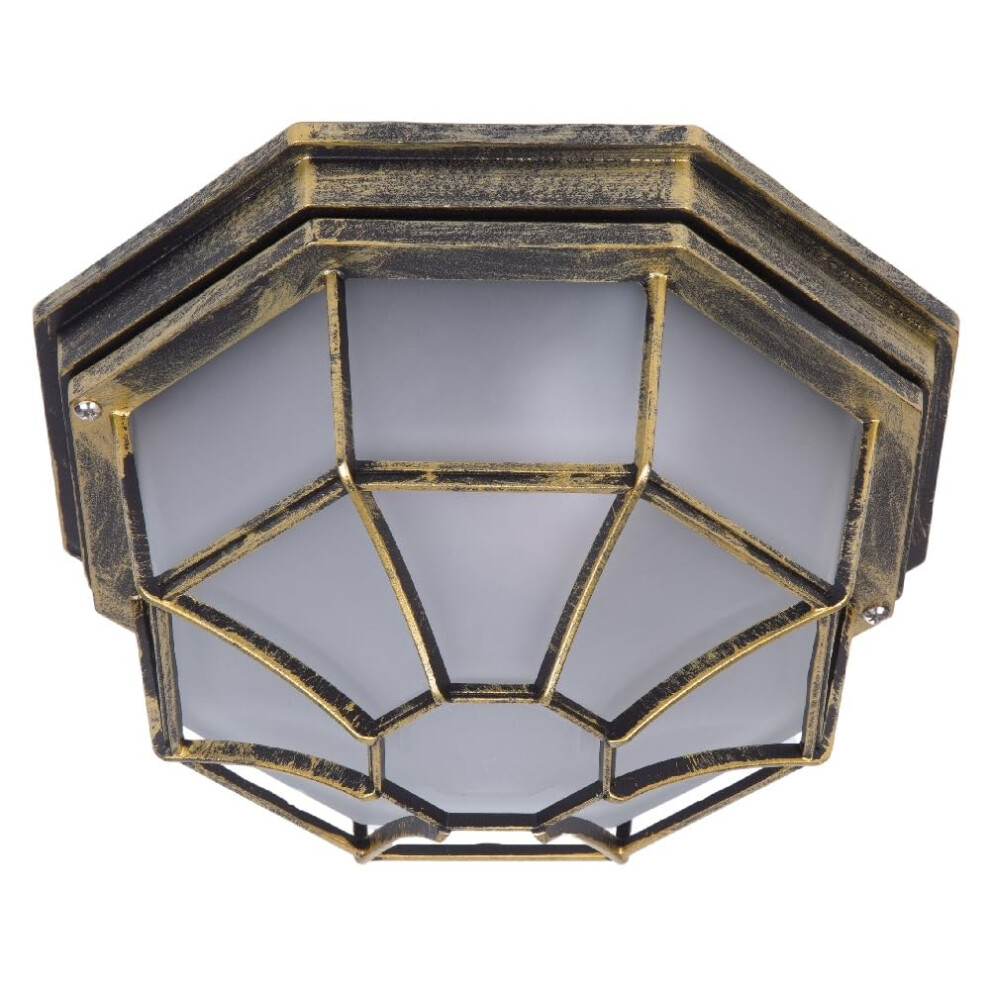 Britalia Antique Brass & Frosted Glass Outdoor Vintage Octagonal Flush Wall & Ceiling | 27Cm Diameter | Ip44 Rated | 1 X Es E27 Lamp Bulb Light
