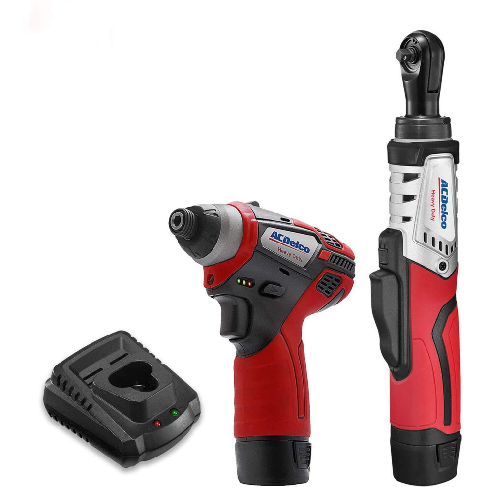 ACDelco G12 Series 2-Tool Combo Kit- 1/4 in. Brushless Ratchet Wrench + 1/4 in. Hex Power Impact Driver, two battery, charger, and canvas tool bag,