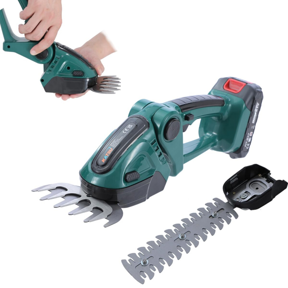 KATSU FIT-BAT 21V 2-in-1 Cordless Hedge Trimmer & Grass Shear with 1.5Ah Battery, Handheld Mini Bush Trimmer Grass Cutter, 2 Attachment Blades, for