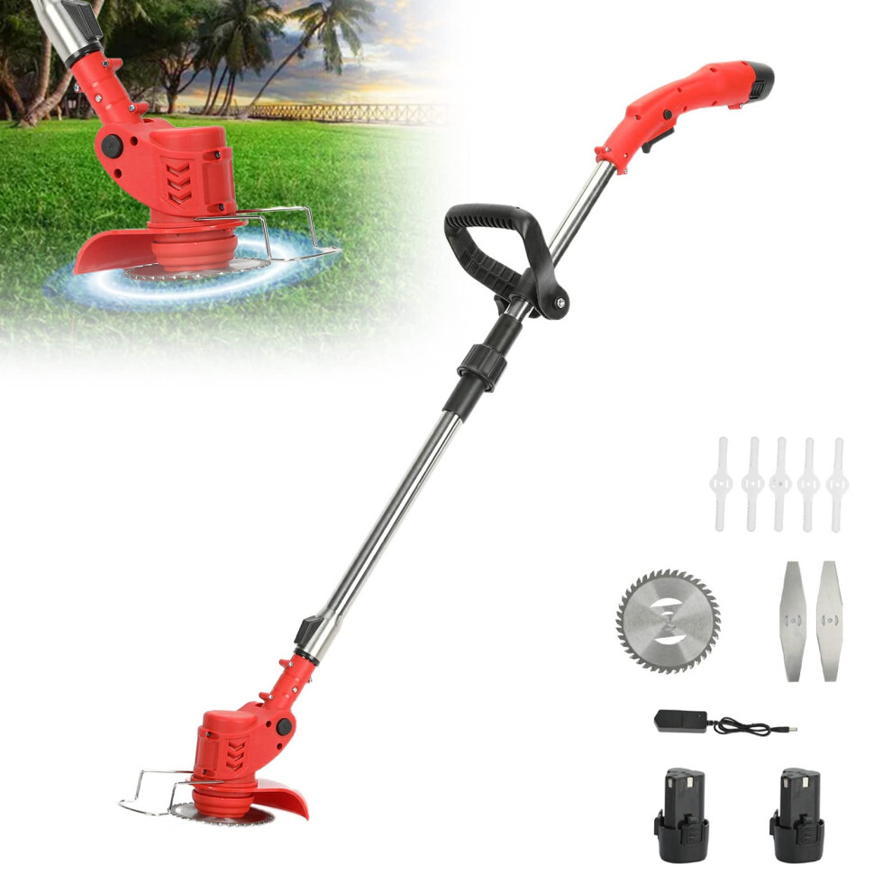 Garden Cordless Strimmer, 450W Electric Grass Trimmer with 2 Batteries, D-Shaped Handle & 2 Wheel, 3 in 1 Brush Cutter Strimmer Cordless Lawn Edger