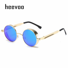 (Goud Blauw-1 stuks) Metalen Steampunk Zonnebril Mannen Vrouwen Mode Ronde Bril Merk Designer Vintage