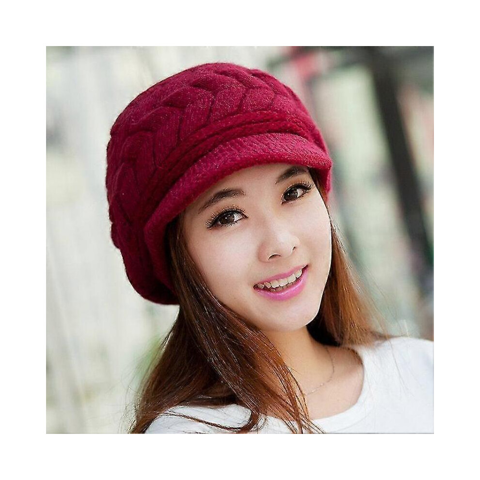 (Maroon)Chapeau d'hiver chaud en tricot pour femme Casquette de ski en laine avec visière Noir