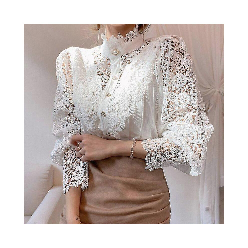 (S,white)Retro pure white lace blouse women's new Korean style button loose shirt top women's hollow casual blouse