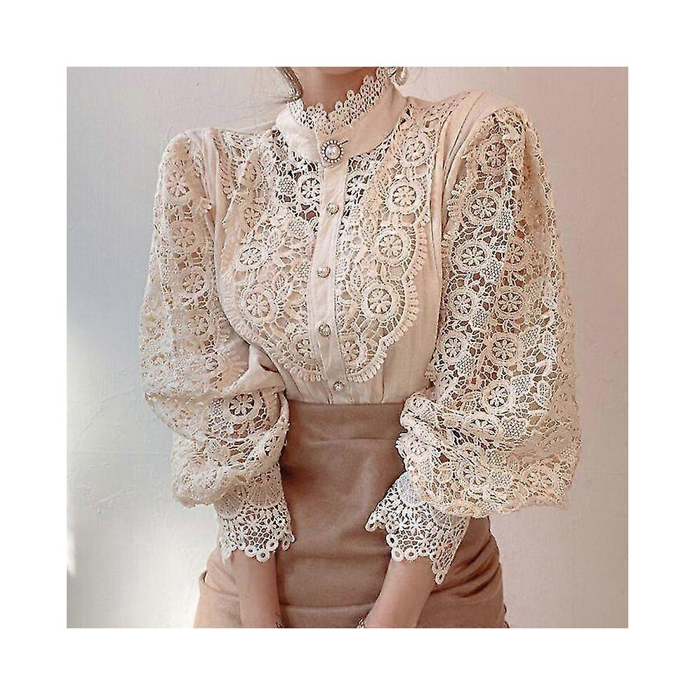 (L,abricot)Chemisier en dentelle blanc pur rétro pour femmes nouveau style coréen bouton chemise ample haut femmes chemisier décontracté creux