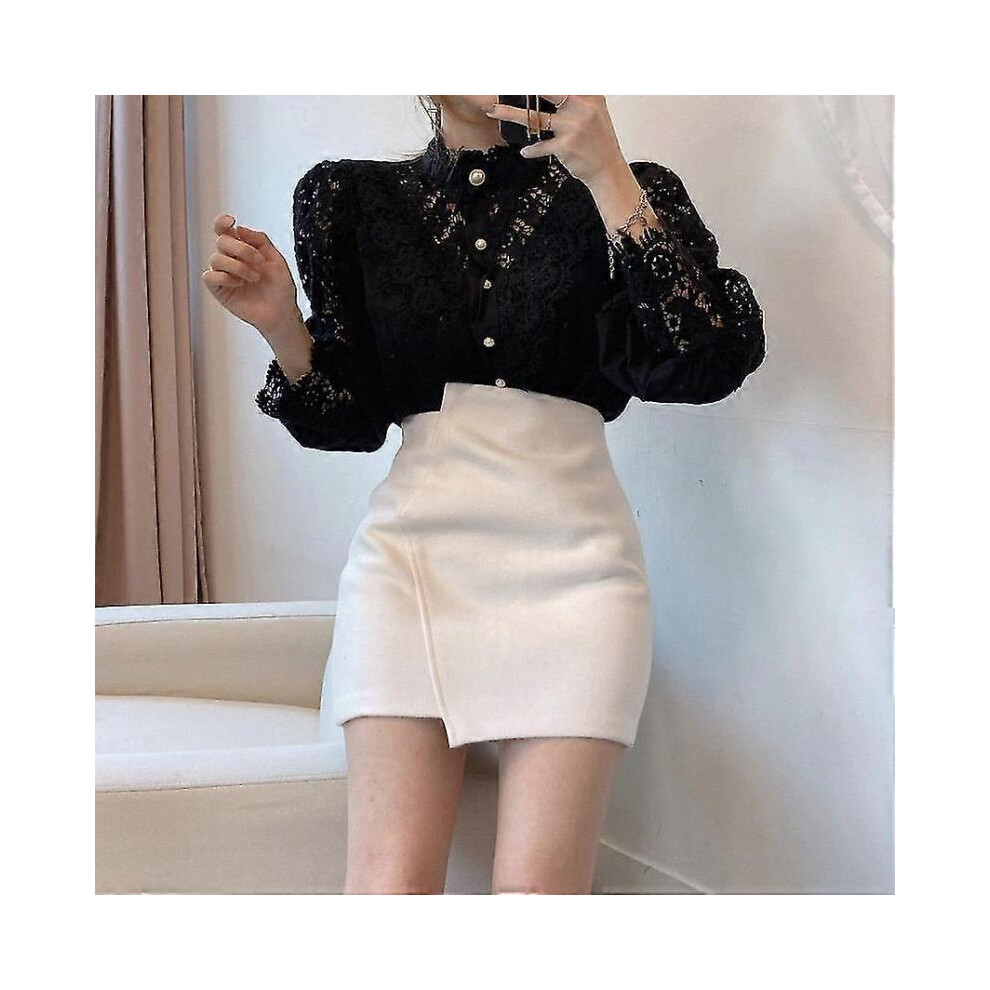 (2XL,black)Retro pure white lace blouse women's new Korean style button loose shirt top women's hollow casual blouse
