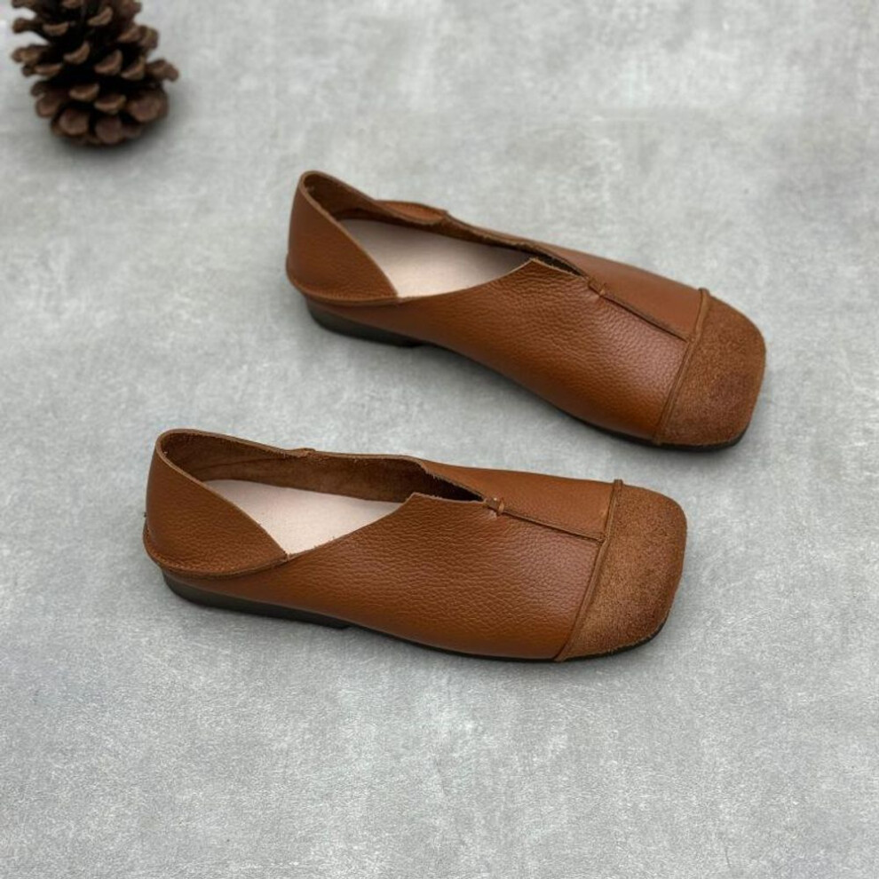 (brown, 38) Johnature Handmade Loafers Genuine Leather Flat Shoes Square Toe Soft Sole Casual Women's Slip-on Shoes