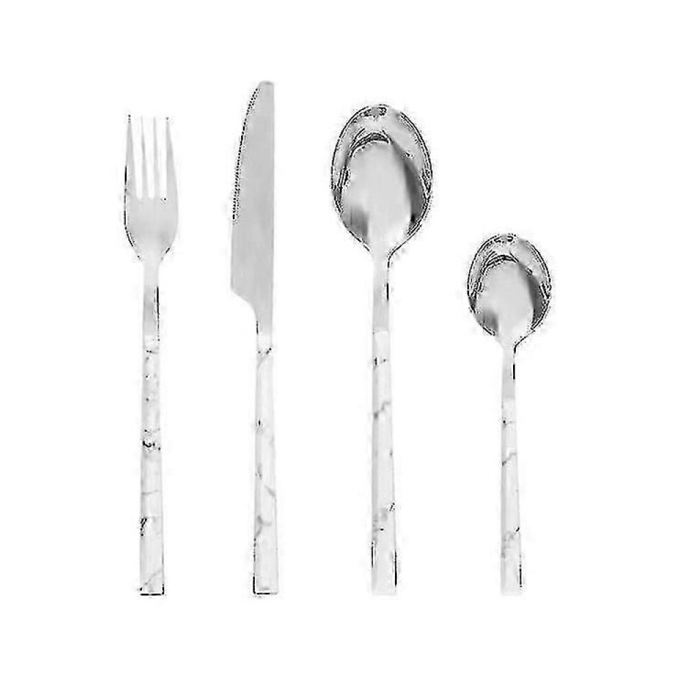Cutlery Set with White Marble Pattern - 24 Pieces Silver-Yvan
