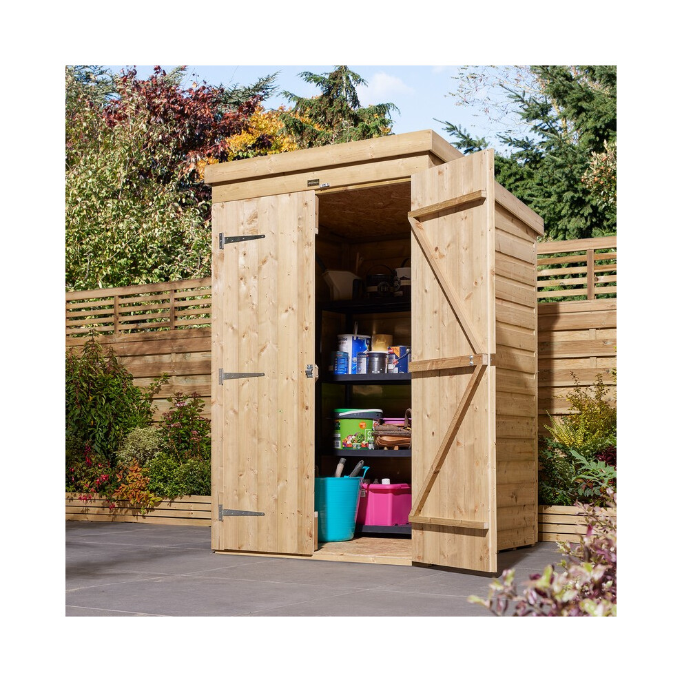 4 x 4 Feet Double Door Shiplap Pent Shed - Timber - L128 x W125 x H192 cm - Natural Timber Finish