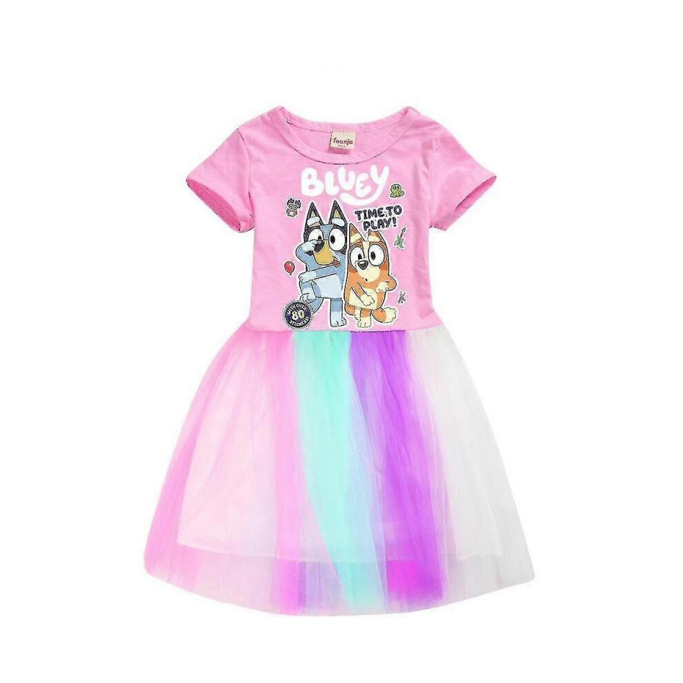 (11-12 Years, Pink) 3-12 Years Kids Girls Bluey Printed Dress Summer Casual Holiday Princess Party Rainbow Skirt Tutu Dress Gifts WHByv