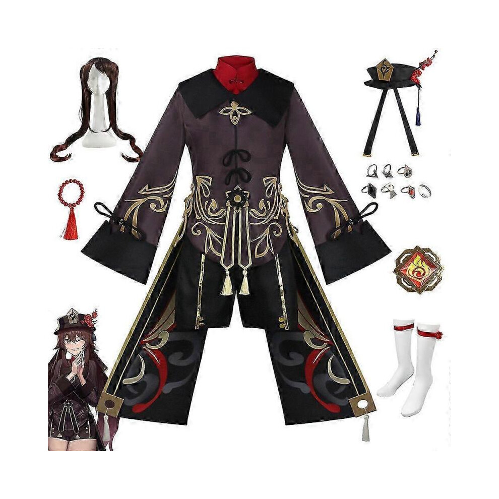 (M, Clothes with wigs) 2024 Hu Tao Cosplay Costume Uniforme, Costumes Deluxe, Robe, Chapeau, Chaussettes, Perruque, Accessoires, Bagues, Tenues Hutao