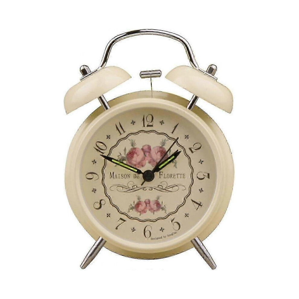 Silent Morning Alarm Clock, Vintage Retro Alarm Clock Night Light Loud Ringing Double Bell Quartz Analog Metal Battery Operated (beige Flower)