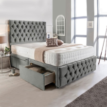 (Super King-6ft (2 Drawers Footend side), Mink Plush) DOUBLE DIVAN BED PLUSH VELVET UPHOLESTERD HEADBOARD+MATTRESS WTH DRAWERS