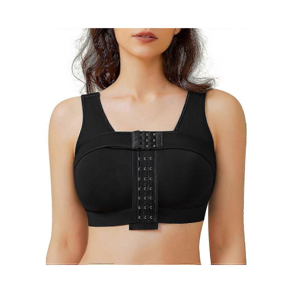 (3X-Large, Black) Front Closure Compression Wireless Everyday Bra for Women Post Surgery Posture with Breast Support Band