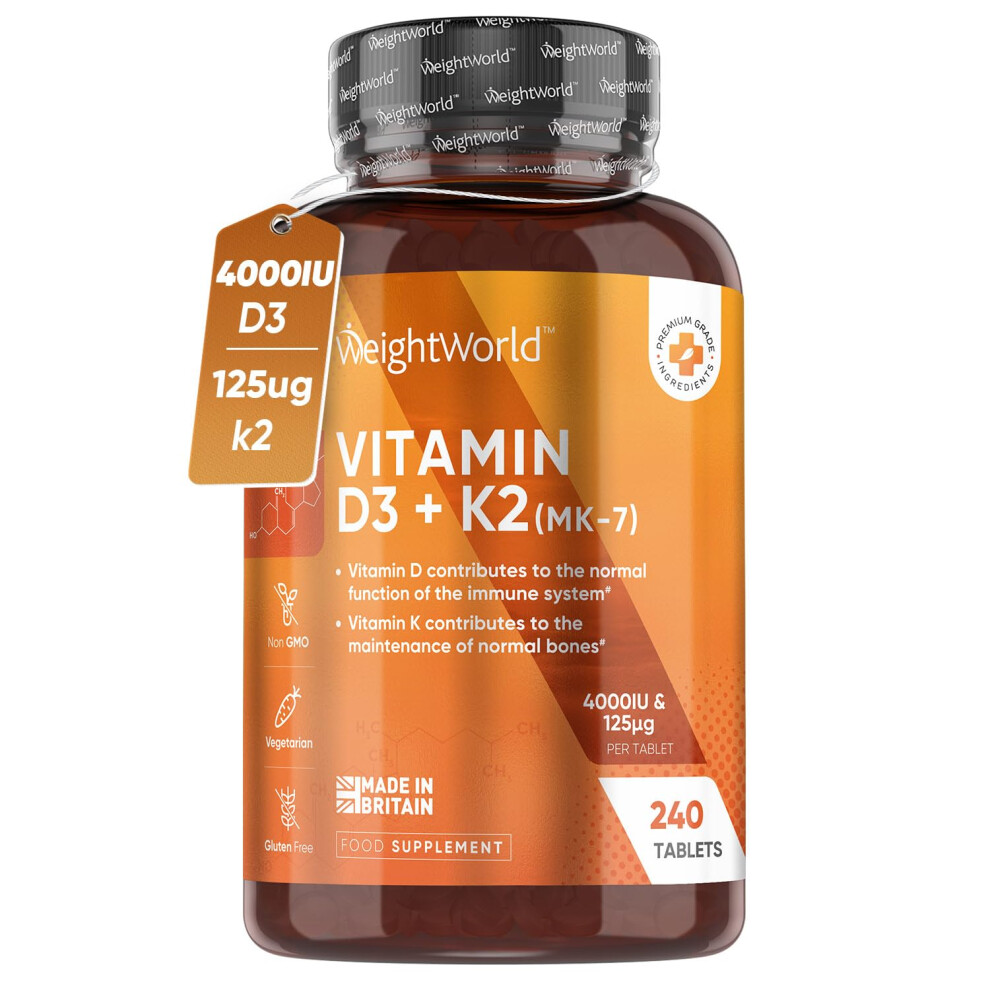 Vitamin D3 4000IU & Vitamin K2 125μg (MK7) - 240 Tablets - 8 Month Supply - High Strength