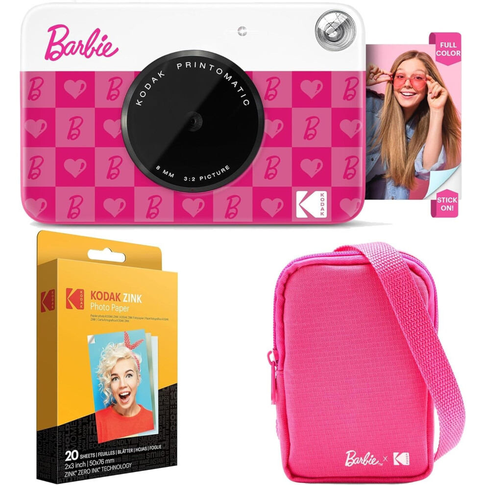 Kodak x Barbie Printomatic Full-Color Instant Print Digital Camera Barbie Starter Bundle (Iconic Style)+ Barbie Deluxe Camera Case + Zink Paper (20