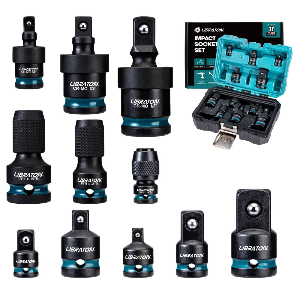 Libraton 11Pcs Impact Socket Adapter And Reducer Set, Socket Adapter Reducers, Swivel Socket Adapters, Impact To 1/4 Hex Converters, Impact Wrench 630808005572