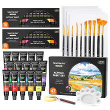 47 Pack Acrylic Paint Set, Shuttle Art 15 Colours (12ml Each, 2Pack) Acrylic Paint with 10 Brushes Painting Canvas Knife Palette Sponge, Complete Gift