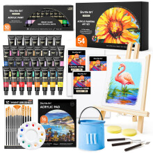 Shuttle Art 54 Pack Acrylic Paint Set, Acrylic Painting Set with 30 Colours Acrylic Paint, Wooden Table Easel, Blank Canvas, Paint Brushes, Palette,