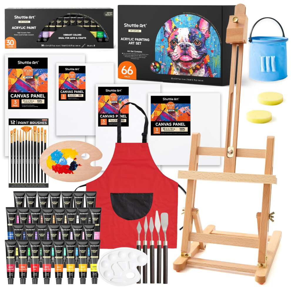 Shuttle Art 66 Pack Acrylic Paint Set, Acrylic Painting Set with 30 Colours Acrylic Paint, Wooden Easel, Blank Canvas, Paint Brushes, Palette, Art