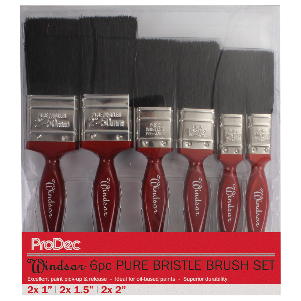 Prodec 6 Piece Windsor Trade Professional Pure Bristle Paint Brush Set For Painting With Emulsion, Gloss And Satin Paints On Walls, Ceilings, Wood And 5019200032228