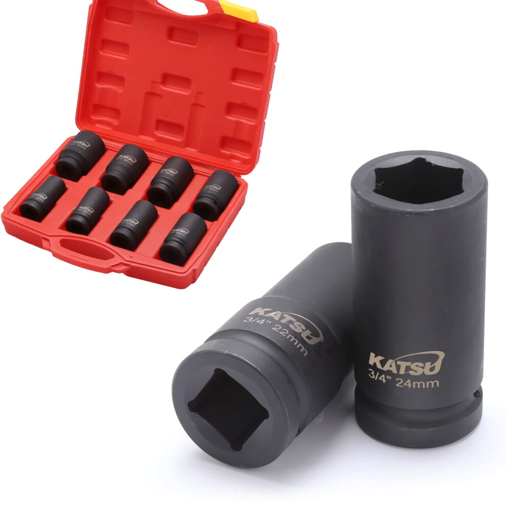 Katsu Deep Impact Socket Set 3/4" Drive 8Pcs, 22Mm-41Mm Heavy Duty Mertic Wrench, High Grade Chrome-Moly Steel, Trucks Tractors Engines Repairing Tool 5060524766634
