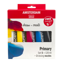 Amsterdam Standard Series Acrylic Paint Mixing Set (5 x 120 ml Tubes) | Primary Colors + Black & White | + 3 Free Dosing Nozzles