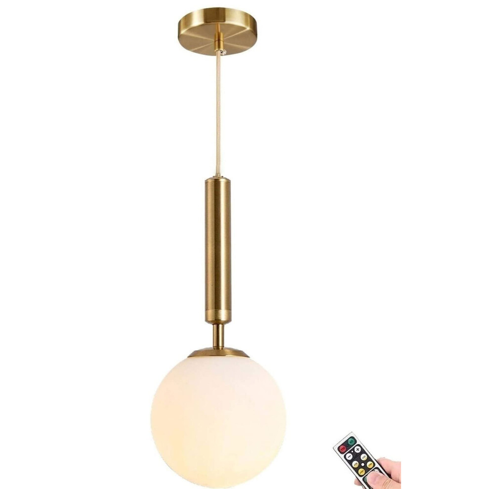 ZOBRO Wireless Battery Operated Pendant with Remote & Dimmable Bulb, Not Hardwired Powered Ceiling Lamp, White Frosted Glass Globe Shade Adjustable
