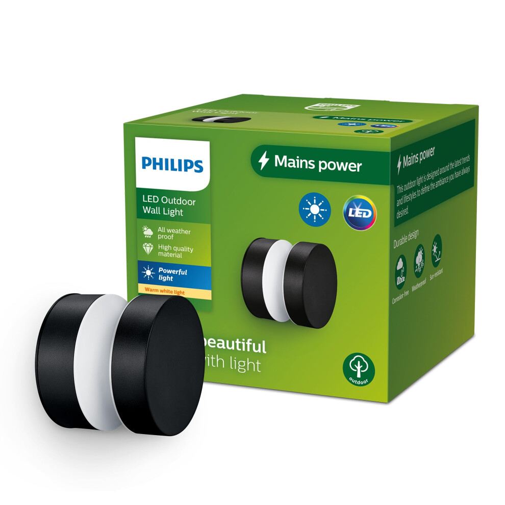 Philips Ing Laven Outdoor Wall 6W, 4000K Cool Black, Ip44 Weatherproof Light/White