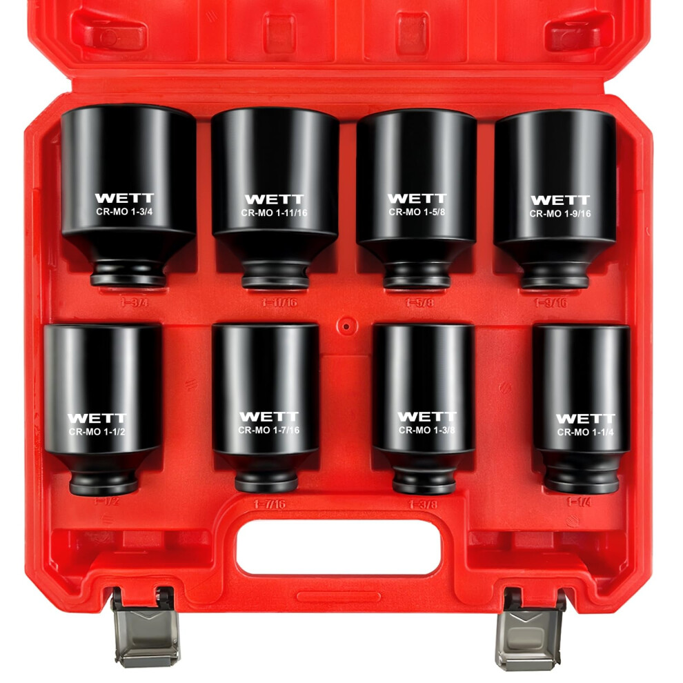 WETT 1/2" Drive Deep Large Impact Socket Set, 8-Piece Spindle Axle Nut Large Sockets Set, Standard SAE 6 Point Wheel Wrench Sockets, CR-MO Steel,