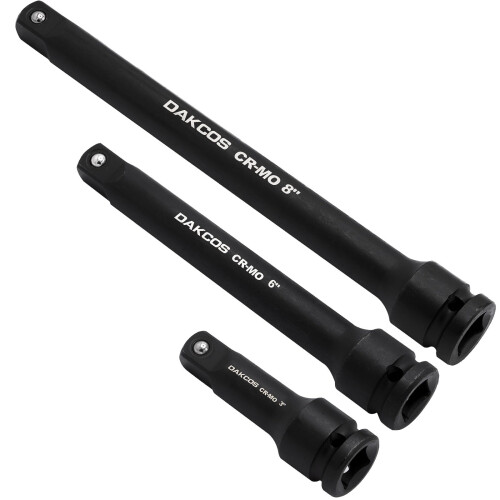 DAKCOS 1/2" Impact Socket Extension Bar Set, 3 Pieces Extensions Socket Tool, CR-MO with Black Phosphating