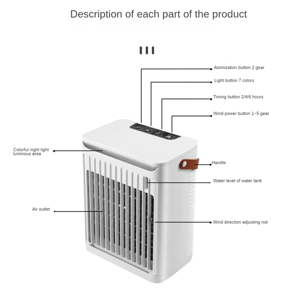 Refroidisseur d'air, humidificateur, 5 vitesses, 7 couleurs d'éclairage, ventilateur, climatiseur personnel pour chambre et bureau