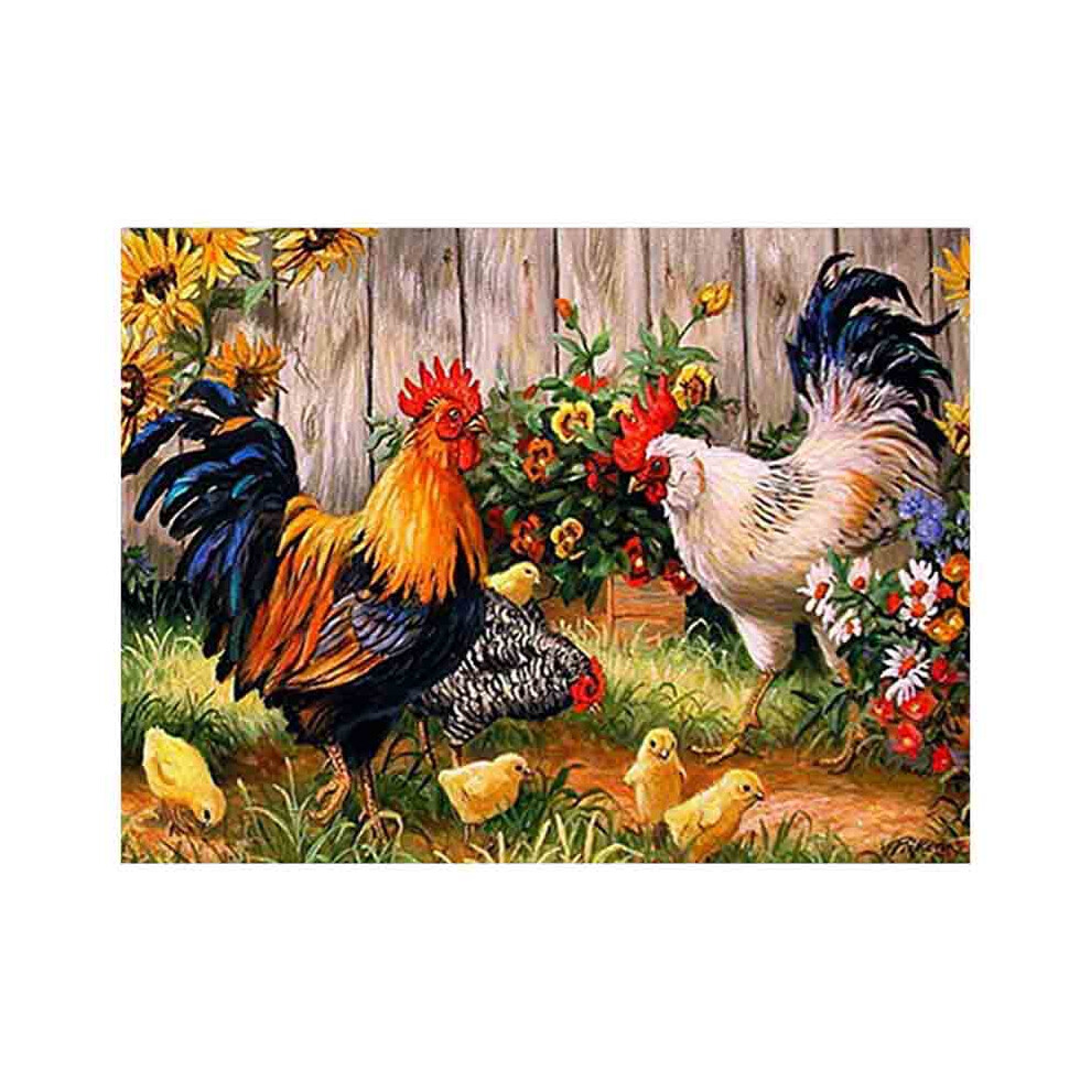 Kopinma Diy 5D Diamond Painting Kit: Rooster And Hen Chicks Embroidery On Canvas Wall Decor, Full Drill, Round Diamonds, 30X40 Cm (25X35 Cm Picture)