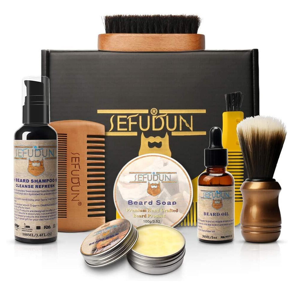 Sefudun Premium Men's Beard Grooming Kit 8pcs, Complete Beard Care & Shaving Gift Set in Travel Gift Bag