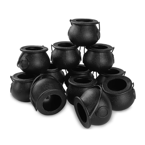 12 mini calderos negros con asa para Halloween.