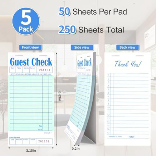 5Pcs Guest Check Pad, Server Note Pads for Restaurant, 50 Sheets/Pack 1