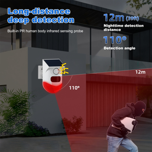 Solar Motion Sensor Alarm 120DB Loud Siren LED Strobe Lights Alarm 1
