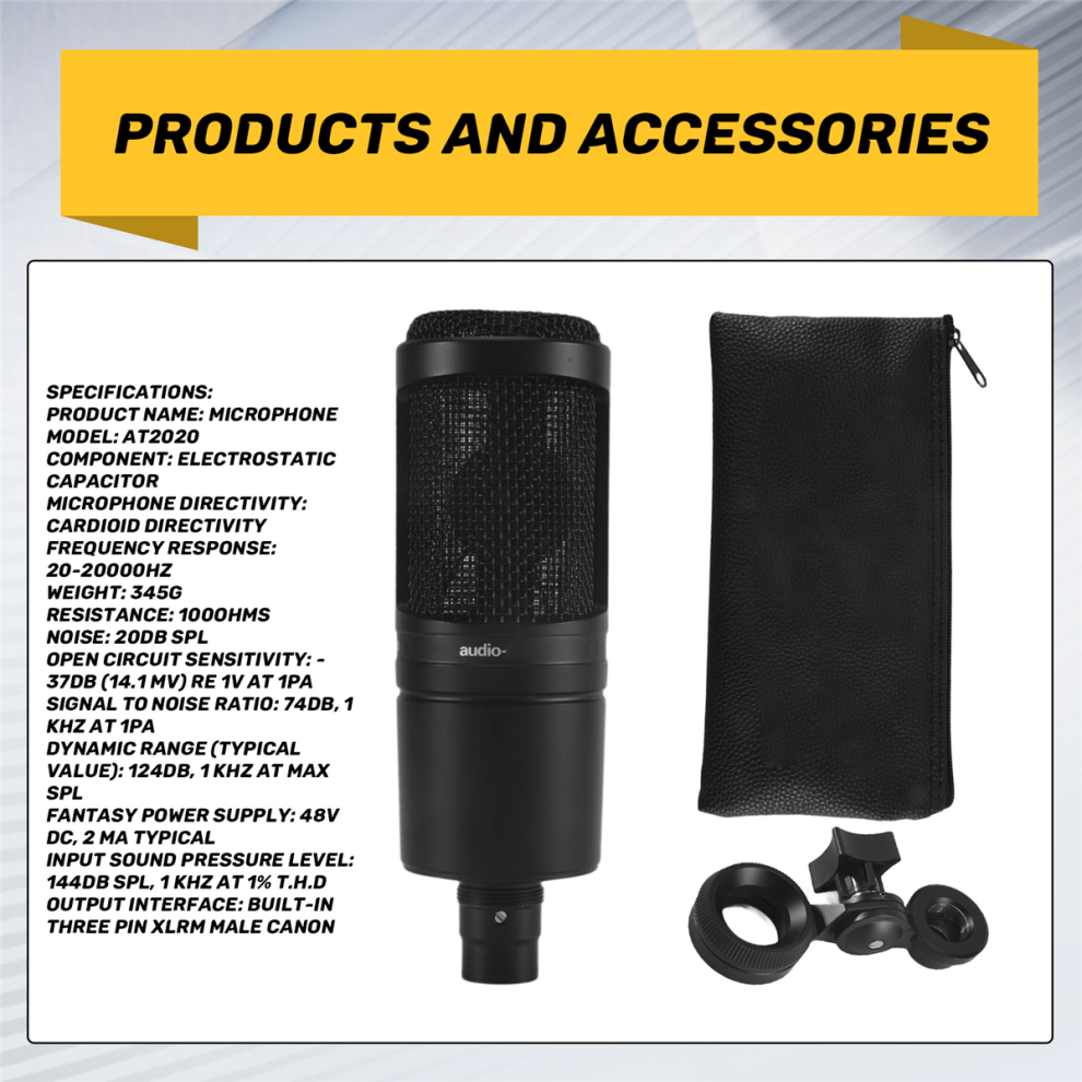Audio AT2020 Cardioid Condenser Microphone 20-20000Hz for Recording