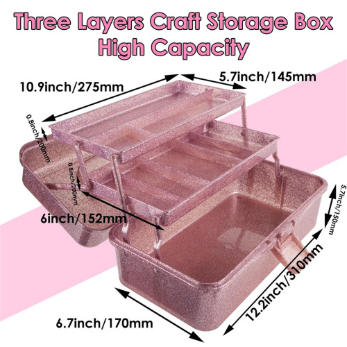 Glitter Pink & Craft Tool Storage Box,3-Layer Stackable Carry Tackle 2